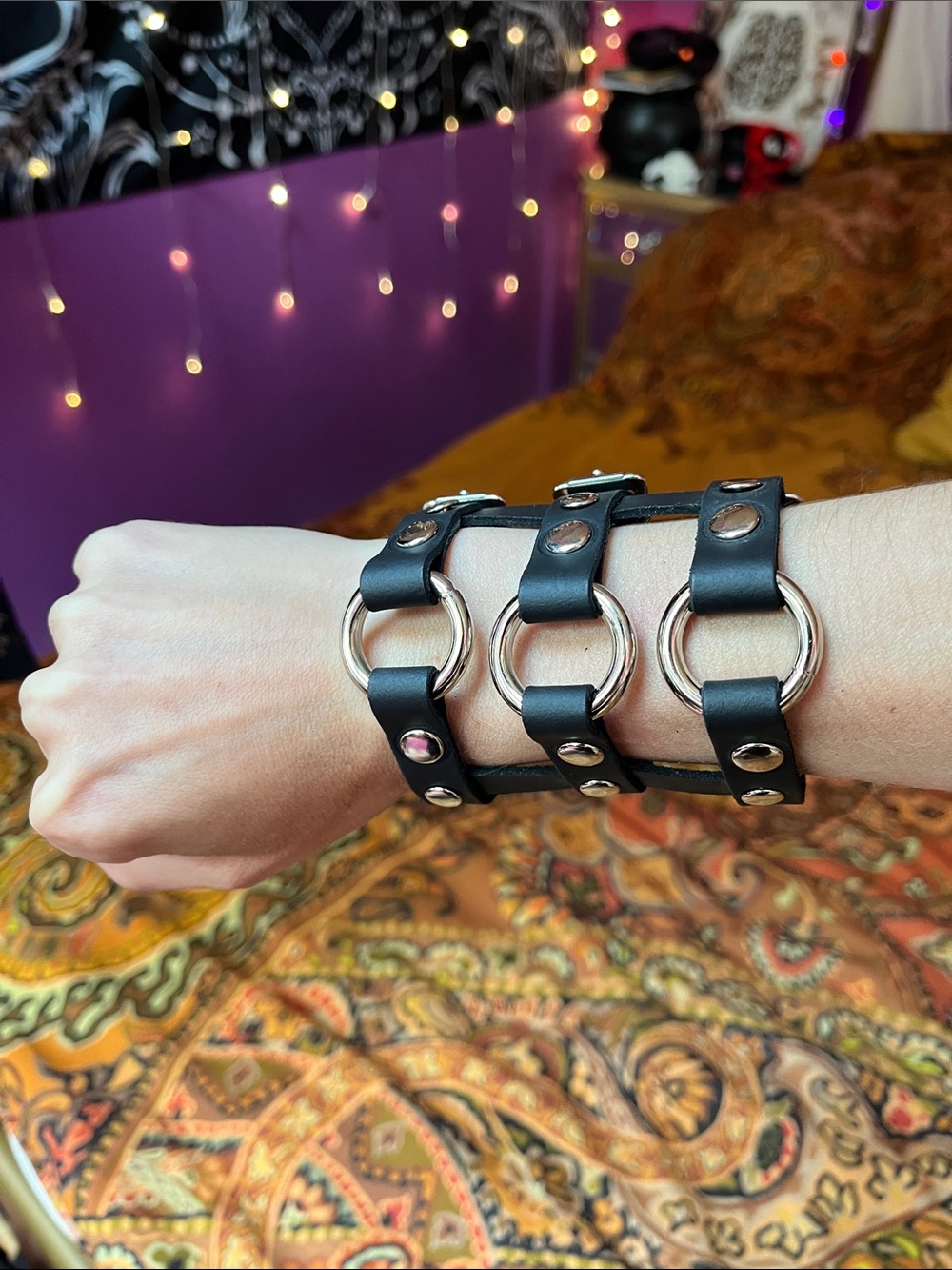 Goth Punk silver o-ring studded black leather 3-strap bracelet cuff